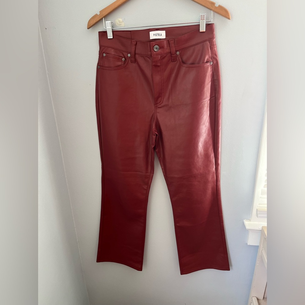 Pistola women’s Red Burgundy Cropped faux leather Pants, size 28 high Rise